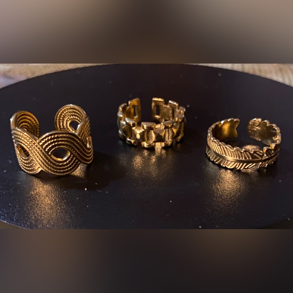 3 pc Stainless Steel Rings Set With Gold Plated, Adjustable Open Cuff
